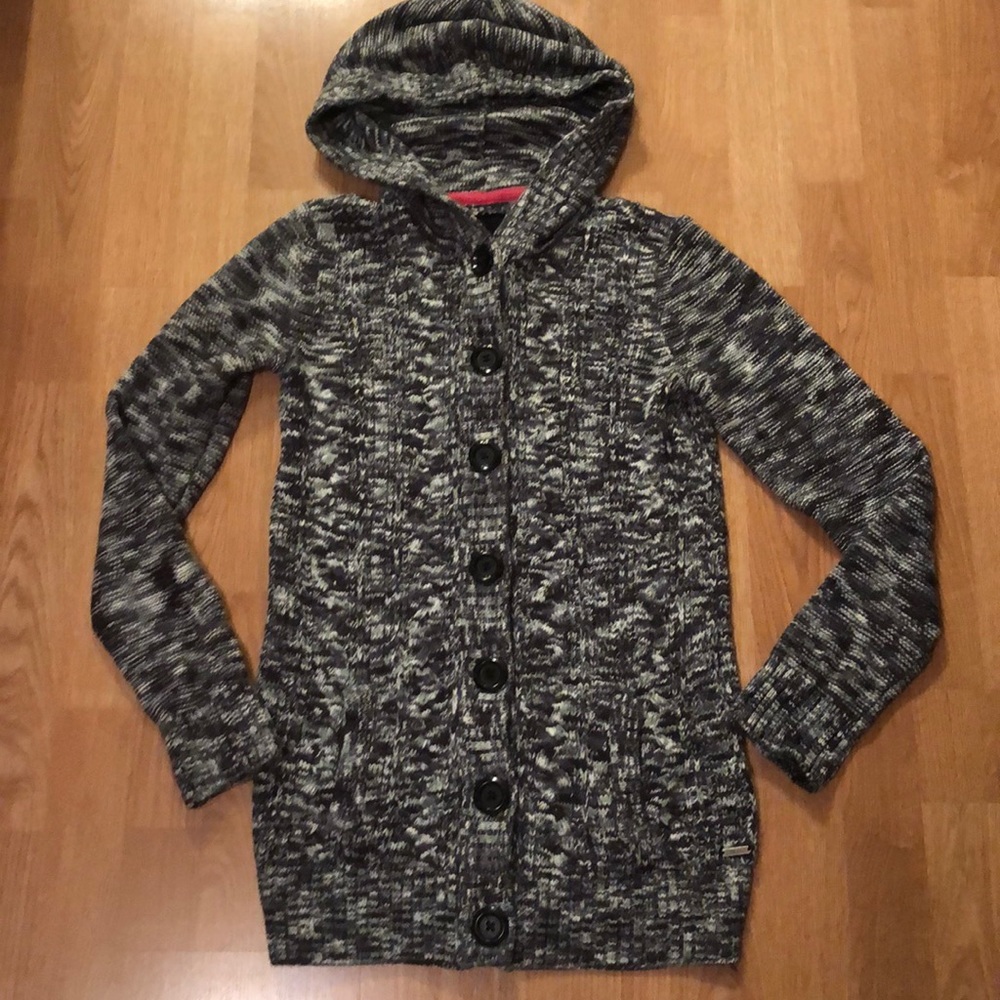 Black, Gray and White Hooded Cardigan